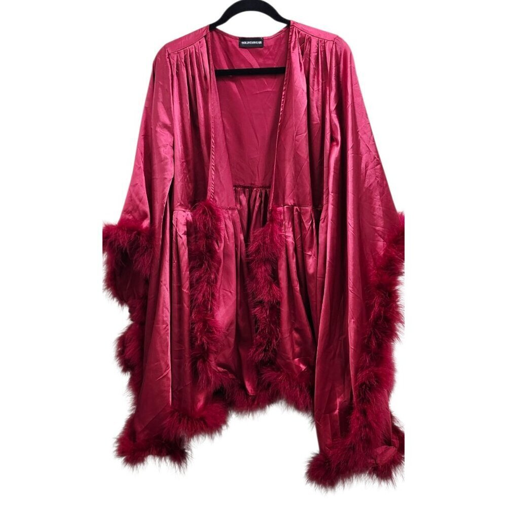 Solistawear Valentina Red Satin Robe Feather Trim Luxe Wrap – Solista W Size L - Picture 3 of 12